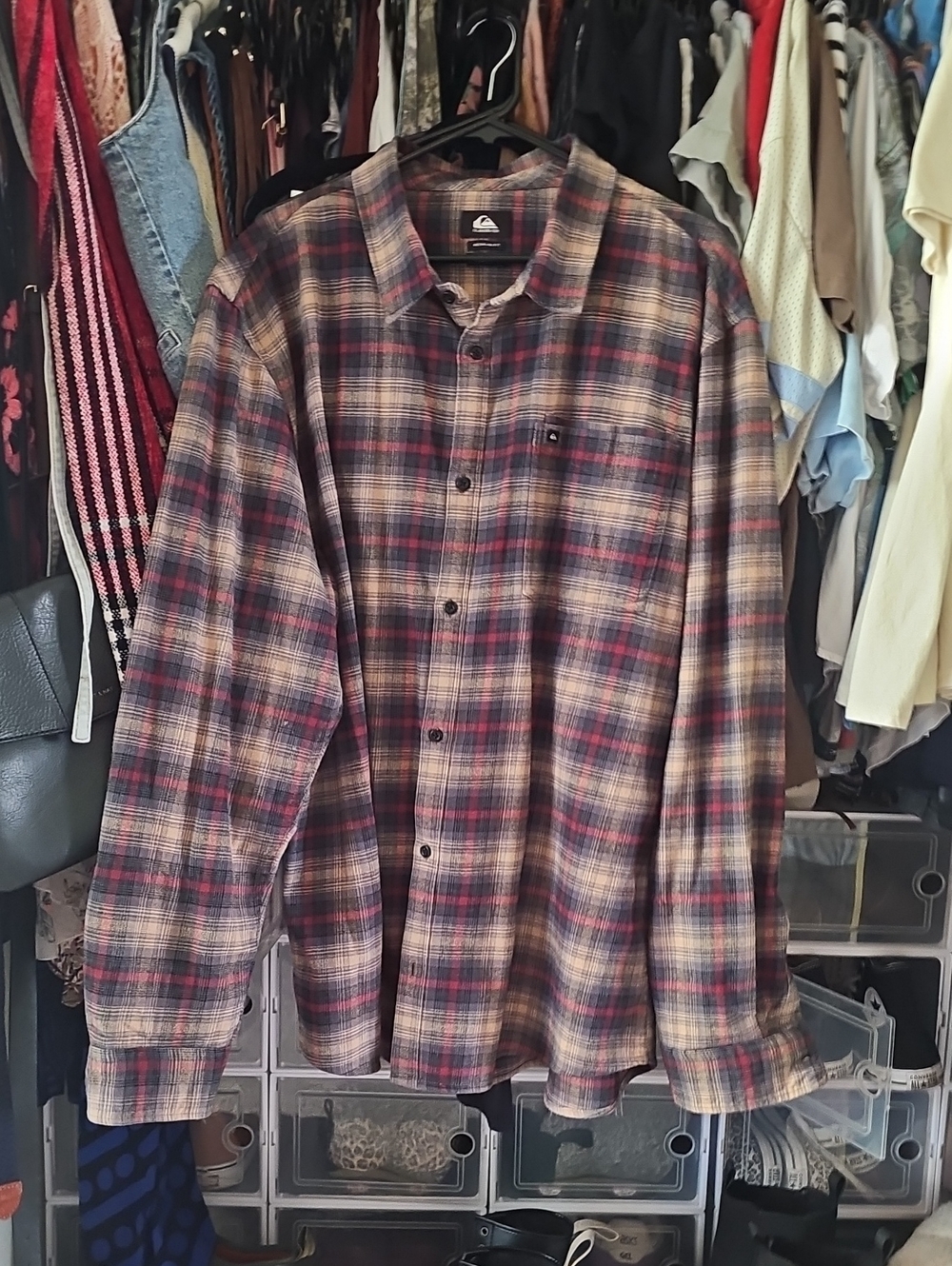Quiksilver Men’s Plaid Button-Down Shirt in Burgundy and Gray